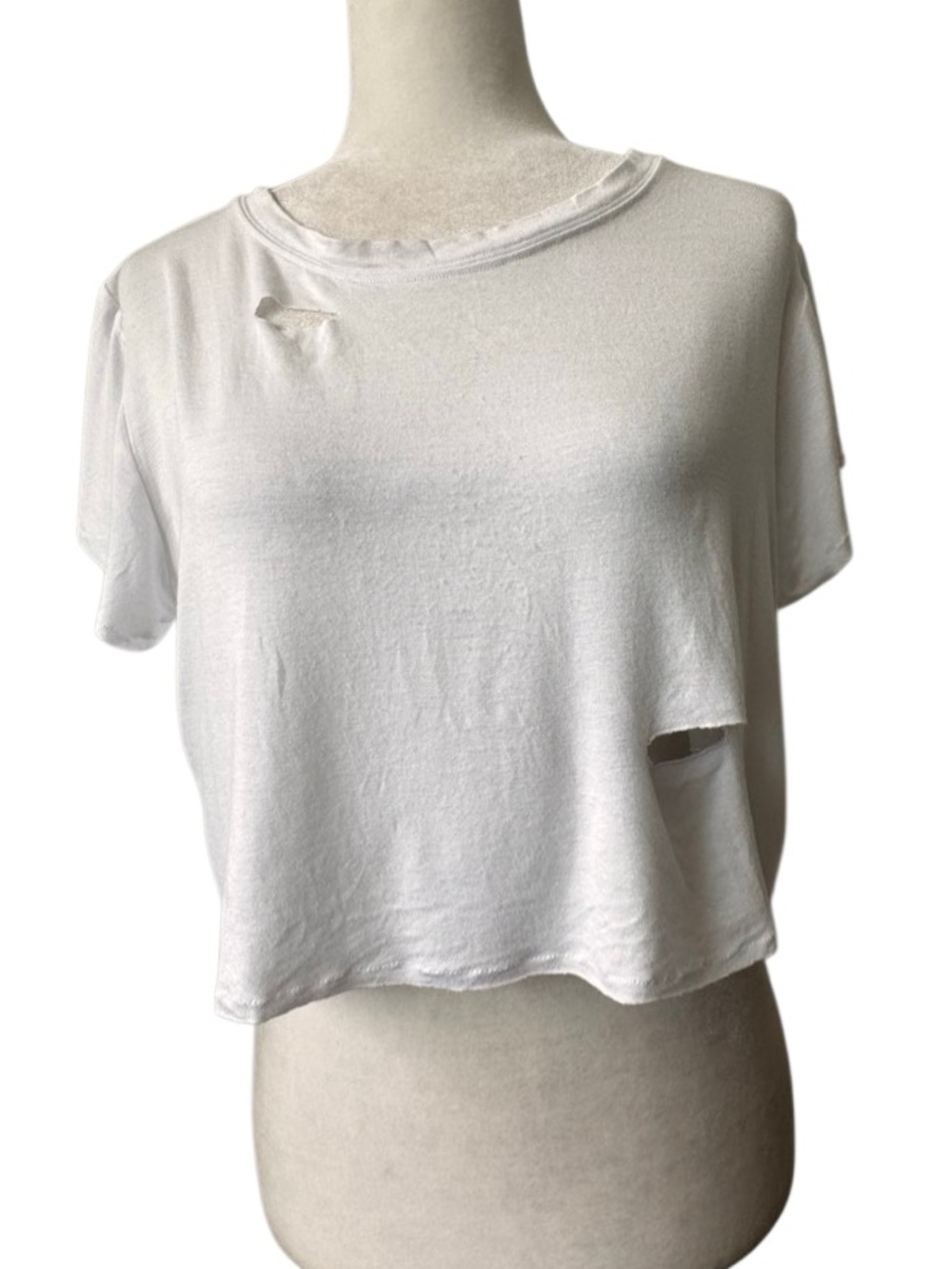 Bombshell Sportswear White Distressed Ladder Cut Crop Top SZ L